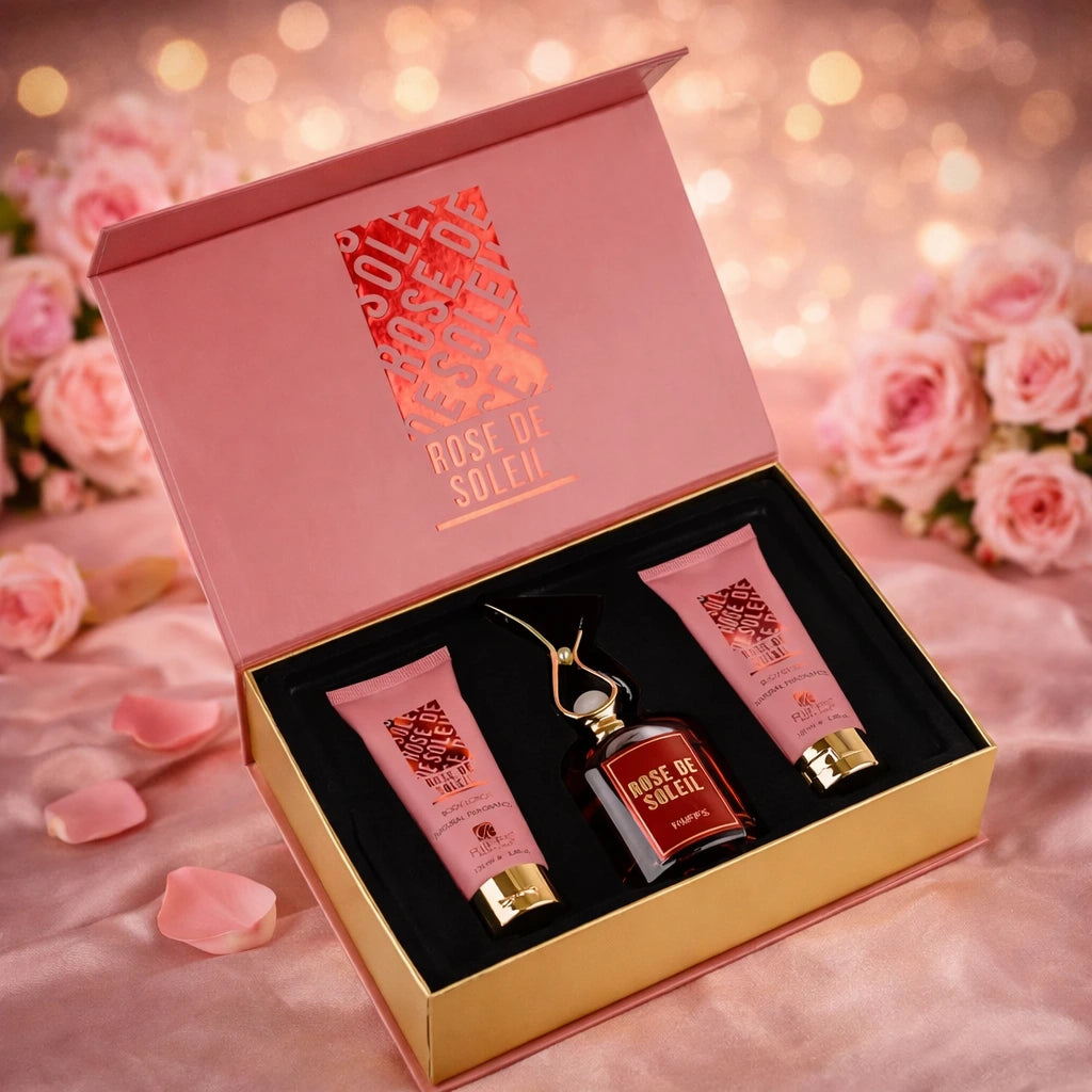 Set Parfum Arabesc Damă Rose De Soleil Riiffs – Apă de Parfum, Gel și Loțiune