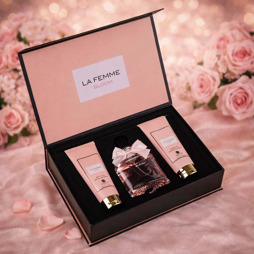 Set Parfum Arabesc Damă La Femme Bloom Riiffs – Apă de Parfum, Gel și Loțiune