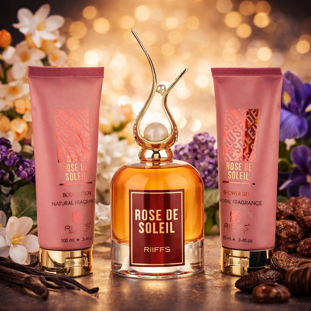 Set Parfum Arabesc Damă Rose De Soleil Riiffs – Apă de Parfum, Gel și Loțiune
