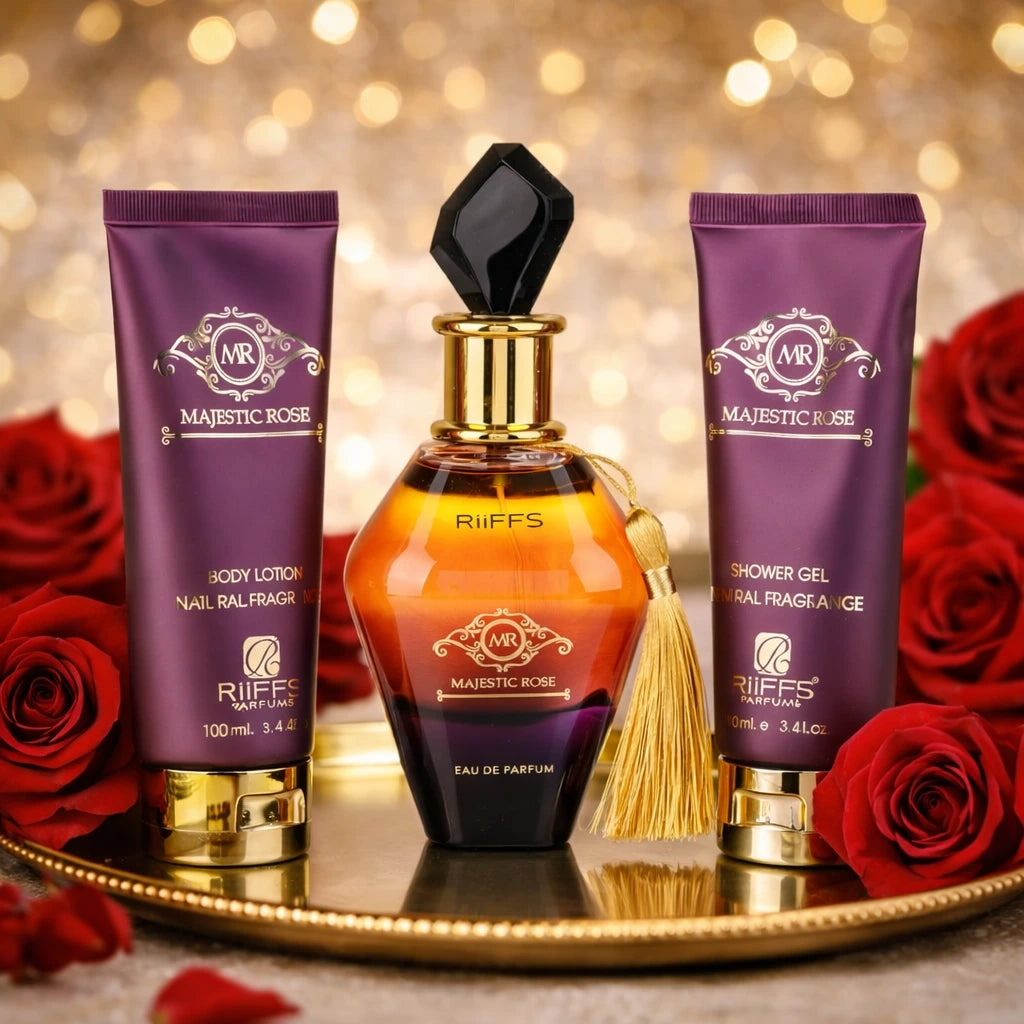 Set Parfum Arabesc Damă Majestic Rose Riiffs – Apă de Parfum, Gel și Loțiune