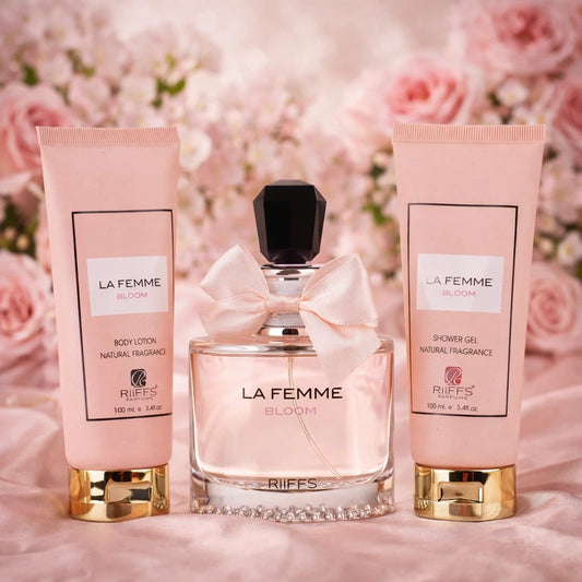 Set Parfum Arabesc Damă La Femme Bloom Riiffs – Apă de Parfum, Gel și Loțiune